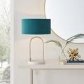 Furniturebox UK Table Lamp - Danielle - Teal Velvet Fabric Lamp Shade Brass Arched Structural Stand White Marble Base - Desk Lamp - Modern Meets Retro Vintage Lamp Living Room Bedroom Lighting