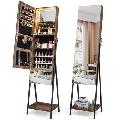 Costway Lockable Freestanding Jewelry Organizer with Full-Length Frameless Mirror-Rustic Brown