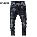 Distressed Jeans Männer Dunkelblau Stretch Slim Fit Hüfte Hop Zerstört Gebrochen Löcher Ripped Mann