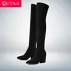 QUTAA 2021 Frauen Overknee Hohe Stiefel Keile Heels Winter Schuhe Spitz Sexy Elastische Stoff Frauen Stiefel Größe 34-43