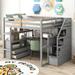 Full Size Loft Bed with Desk, Wood Full Loft Bed Frame with Shelves, 2 Built-in Drawers and Storage Staircase, Grey