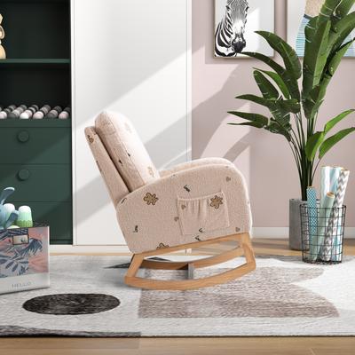 Upholstered High Back Wooden Rocking Chair for Living Room Baby Kids Room Bedroom, Pink Boucle