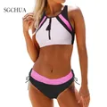 M-3XL Big Bikini Zipper Patchwork Top With Shorts Two Piece Swimsuit High Neck Sport Bikini Push Up