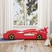 Kids Race Car Bed，Twin Size Race Car-Shaped Platform Bed with Storage Shelves and Wheels for Kids Teens Bedroom Furniture, Red