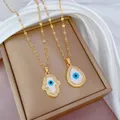 Turkish Hamsa Hand Fatima Crystal Necklace For Women Men Evil Eye Necklaces Gold Color Clavicle Long