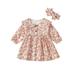 Liacowi Baby Girl 2-piece Fall Outfit Newborn Girls Long Sleeve Doll Collar Flower Print A-line Dress with Headband Infant Girls Casual Dress 0-12 Months