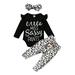 Newborn Baby Girls Clothes Baby Girls Outfits 3-6 Months Baby Girls Long Sleeve Letter Print Romper Top Leopard Pants Headband 3PCS Set Black