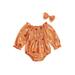 Binwwede Baby Girl Halloween Jumpsuit Cartoon Pumpkin Print Ruched Off Shoulder Long Sleeve Romper + Bow Headband