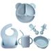 Wanwan Baby Suction Plate with Sippy Cup Bowl Bib Spoon Fork Food Grade Dishwasher Safe Silicone Toddlers Divided Plate Kit Kitchen Supplies