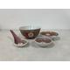 Vintage Set of Chinese Mun Shou Porcelain Rice Bowl, Spoon, Soya Sauce Cup, Small Plate Longevity Famille Rose Pattern