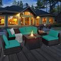 Gymax 7PCS Rattan Patio Sectional Furniture Set w/ 30 Fire Pit Table & Turquoise Cushion