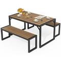 Dextrus 3 Pieces Patio Dining Table Set Faux Wood Tabletop Dining Table and 2 Bench for 4-6 All-Weather Picnic Conversation Set for Garden Backyard Poolside - Brown