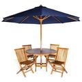 All Things Cedar 6-Piece 4-ft Teak Round Folding Table Set with Blue Umbrella