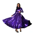 High Collar Faux Latex Maxi Dress Women Long Sleeve Shiny Patent Leather Dress Wet Look Floor Length