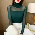 New Sexy Mesh High-neck Long Sleeve T Shirt Women S-2XL Sizes Green Black Slim Stretch Tops Female