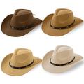 4 Pcs Classic Western Cowboy Hat Men Felt Wide Brim Cowgirl Hats Women Belt Buckle Panama Hat for Adults Kids, Coffee, Camel, Khaki, Beige, One size