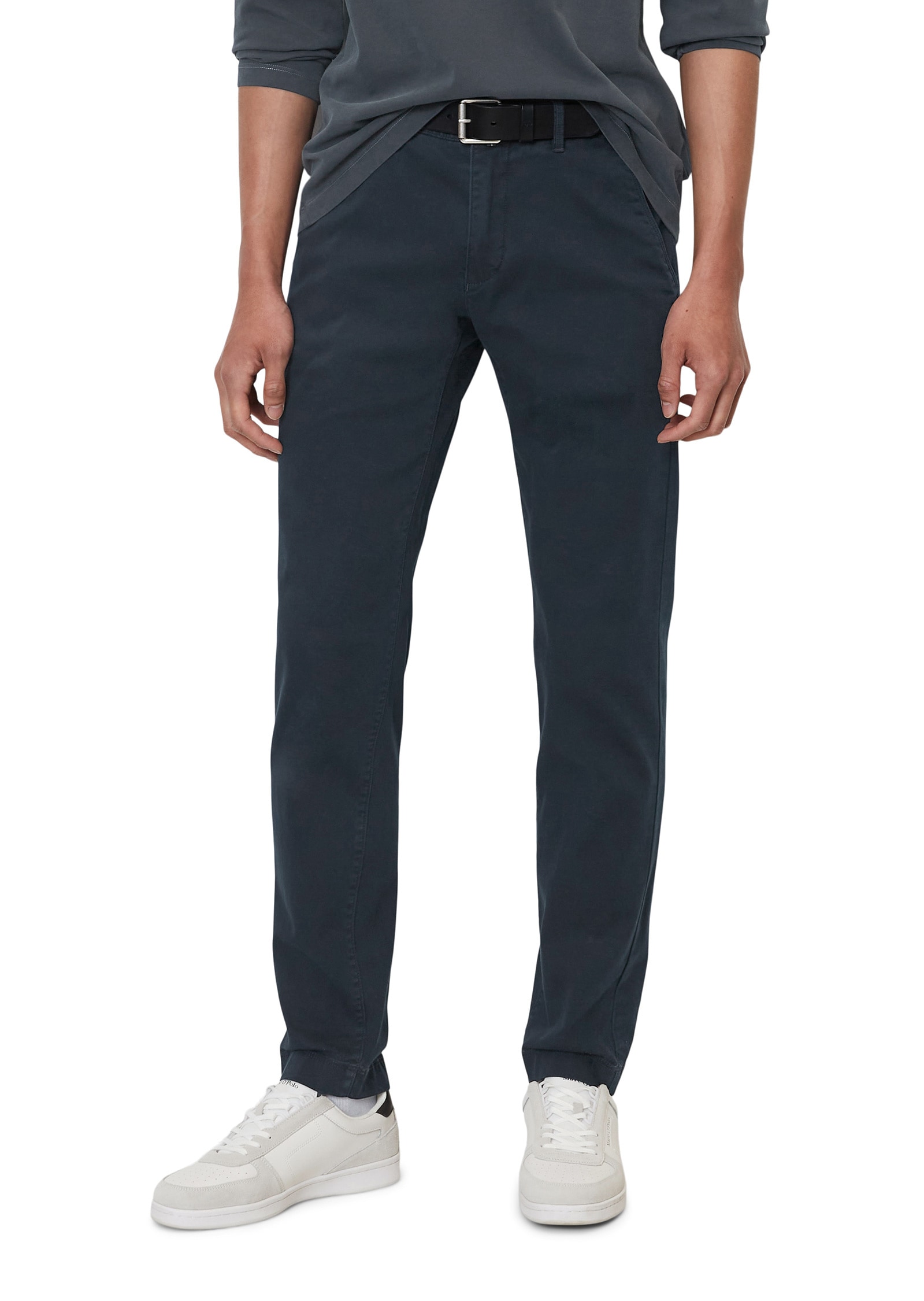 Chinohose MARC O'POLO "aus Bio-Baumwoll-Mix", Herren, Gr. 33, Länge 34, total eclipse, Obermaterial: 98% Baumwolle, 2% Elasthan, unifarben, figurbetont normal, Hosen Chinohose