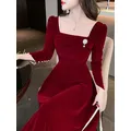 Robe mi-longue sexy en velours rouge avec perles pour femmes robe de Rhchic robe de soirée de