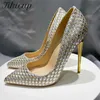 Tikicup Shiny Plaid Chic Frauen Stilettos High Heels Bling Party Kleid Schuhe Damen Ponited Toe Slip On Pumpen Plus Größe 43 44 45