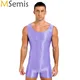 Mens Solid Color Swimsuit One Piece Swimwear Fitness Glossy Oilly Shiny Sleeveless U Neck Tank