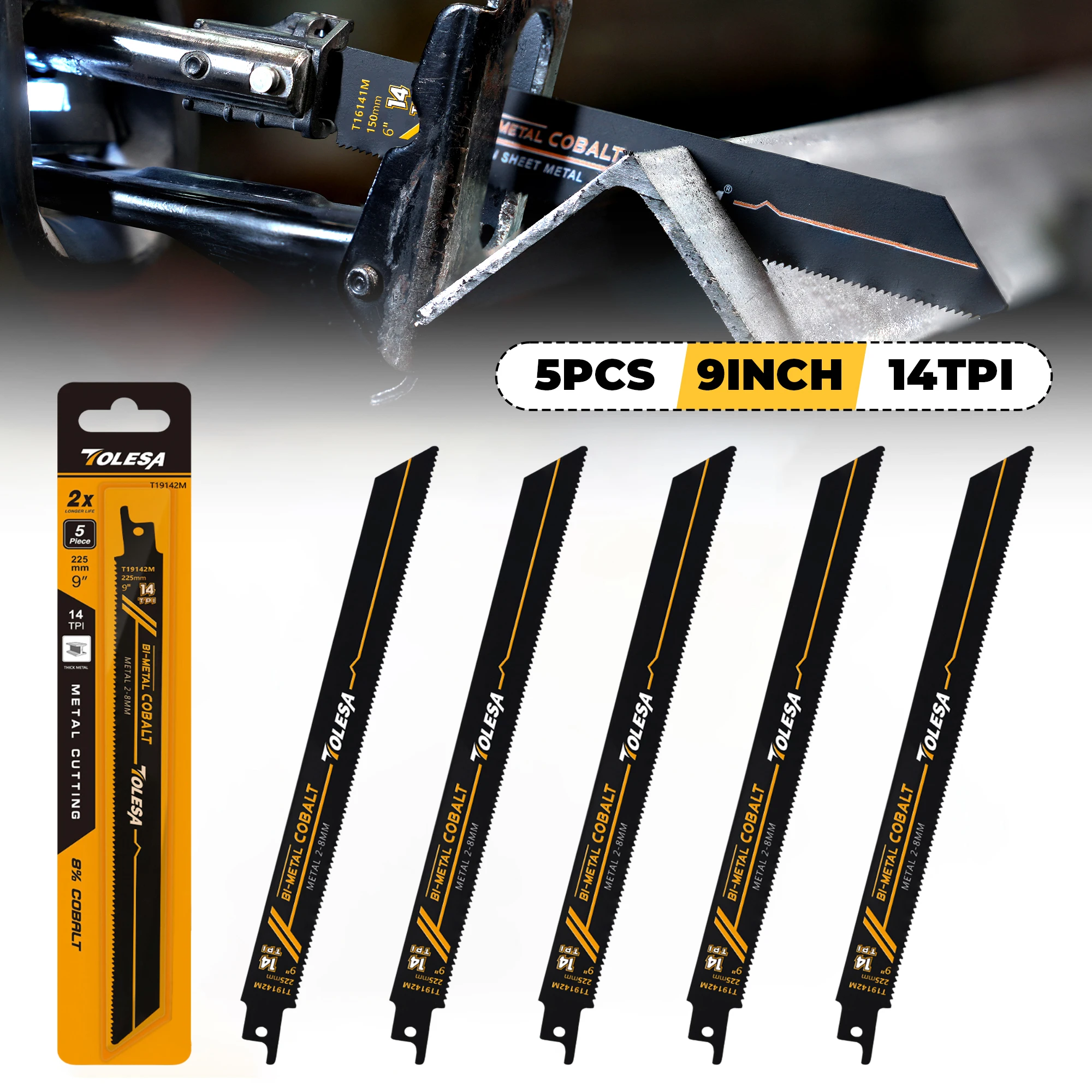 TOLESA 5PCS Lame per sega alternativa per taglio di metalli pesanti 6 pollici/9 pollici 14TPI Lame per sega a sciabola bimetallica in ghisa per tubi metallici, tondo per cemento armato