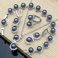 Black Pearl Silver 925 Jewelry Sets for Women Pearl Charm Bracelet Earrings Ring Necklace Sets for