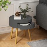 Modern Coffee Table End Table with Drawer for Living Room Round Nightstand Sofa Side Table with Oak Table Legs