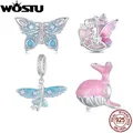 WOSTU 925 Sterling Silver Pink Whale Animal Charms Blue Flying Fish Pendant Pink Butterfly Beads Fit