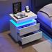 Nightstand LED Bedside Table Cabinet End Table w/ 2 Drawers for Bedroom Sofa Table Textured Finish Storage Cabinet, Matte White