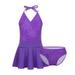 3Pcs Kids Girls Purple Halter with Brief and Skirt Tankini Swimwear Swimsuit Set Toddler Girls Bikini Bathing Suit Beachwear - Size L