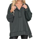 50% Up Clearance Plain Pullover Sweatshirts Ladies Oversized Sweatshirt Casual Long Sleeve Button Henley Neck Vintage Tunic Tops (Small Dark Gray)