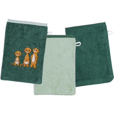 Waschhandschuh WÖRNER "Erdmännchen Waschhandschuh 3er Set", grün (pinie, helloliv), B:15cm L:21cm, Obermaterial: 100% Baumwolle, Handtücher (Packung), 1x Stickerei Erdmännchen, 2x unifarben Image