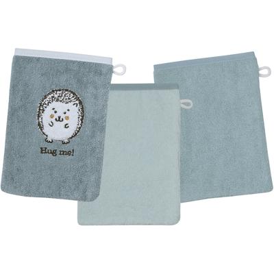 Waschhandschuh WÖRNER "Igel blau Waschhandschuh 3er Set", blau (blau,mint,eisblau), B:15cm L:21cm, Obermaterial: 100% Baumwolle, Handtücher (Packung), 1x mit süßer Igelstickerei, 2x unifarben Image