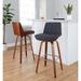 LumiSource Corazza 30" Mid-Century Modern Fixed-Height Barstool w/ Swivel In Walnut Wood & Charcoal Fabric w/ Square Chrome Metal Footrest | Wayfair