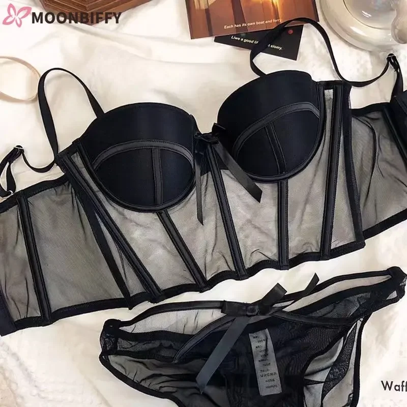 Soutien-gorge en dentelle Sexy maille sous-vêtements femmes évider forme demi-tasse doux Bralette Anti-affaissement Push Up arc épaissir femmes ensemble de sous-vêtements