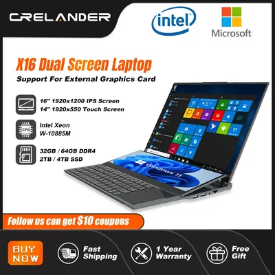 CRELANDER Dual Screen Laptop 16 Inch 2K + 14 Inch Touch Screen Intel Xeon W-10855M 64GB RAM Zenbook Duo Laptop Gaming Notebook