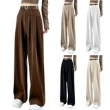 Elainilye Fashion Trousers for Women High Waisted Solid Straight Leg Pants Drawstring Casual Pants Loungewear Brown