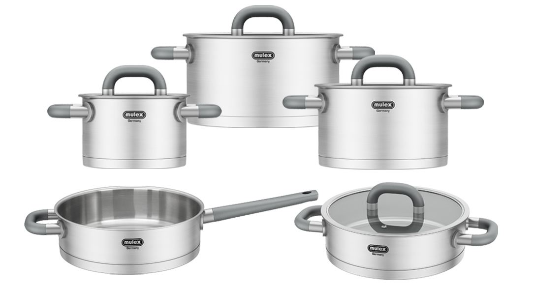 Mulex, Topfset LUGANO aus Edelstahl 6-teilig, + Servierpfanne + Stielpfanne, für alle Herdarten, mit Deckel, Induktions Töpfe Set Image