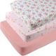 Pack n Play Sheets Fitted 3 Pack for Baby Girl, Stretchy Jersey Knitted Portable Mini Crib Sheets Playard Mattress Cover, Pink Floral