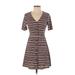 Lush Casual Dress - A-Line V-Neck Short sleeves: Brown Stripes Dresses - Women's Size Small