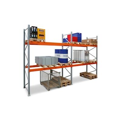 PROREGAL Palettenregal TAURUS | Grundregal | Extra-Tall | HxBxT 450x270x110cm | Fachlast 2000kg | 3 Ebenen | Silbergrau/Reinorange Image