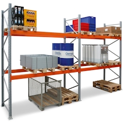 PROREGAL Palettenregal TAURUS | Grundregal | Tall | HxBxT 400x190x110cm | Fachlast 3000kg | 4 Ebenen | Silbergrau/Reinorange Image