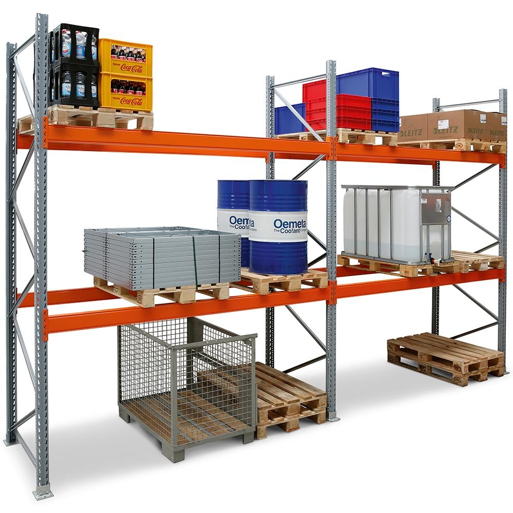 PROREGAL Palettenregal TAURUS | Grundregal | Tall | HxBxT 400x270x110cm | Fachlast 3000kg | 4 Ebenen | Silbergrau/Reinorange Image