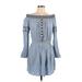 Rip Curl Casual Dress - Mini Off The Shoulder 3/4 sleeves: Blue Print Dresses - Women's Size Large