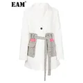 [EAM] Women White Tweed Pocket Belted Blazer New Lapel Long Sleeve Loose Fit Jacket Fashion Tide