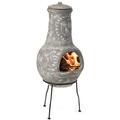 Outdoor Clay Chiminea Fireplace Sun Design Wood Burning Fire Pit with Sturdy Metal Stand Barbecue Cocktail Party Cozy Nights Fire Pit Stone Gray