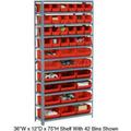 Steel Open Shelving with 36 Red Plastic Stacking Bins & 10 Shelves - 36 x 12 x 73 in.