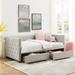 Linen Upholstered Bed Frame Twin/ Full Size Upholstered Daybed Frame with 2 Storage Drawers and Nailhead Square Arms