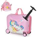 Maxmass 2 PCS Kids Luggage Set, 12" & 18" Children Ride on Suitcase and Backpack with Adjustable Handle, Anti-Lose Rope, Girls Boys Hard Shell Trolley Case for School Travel (Light Pink Unicorn)