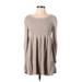 Knitted & Knotted Casual Dress - A-Line Scoop Neck Long sleeves: Tan Print Dresses - Women's Size Small